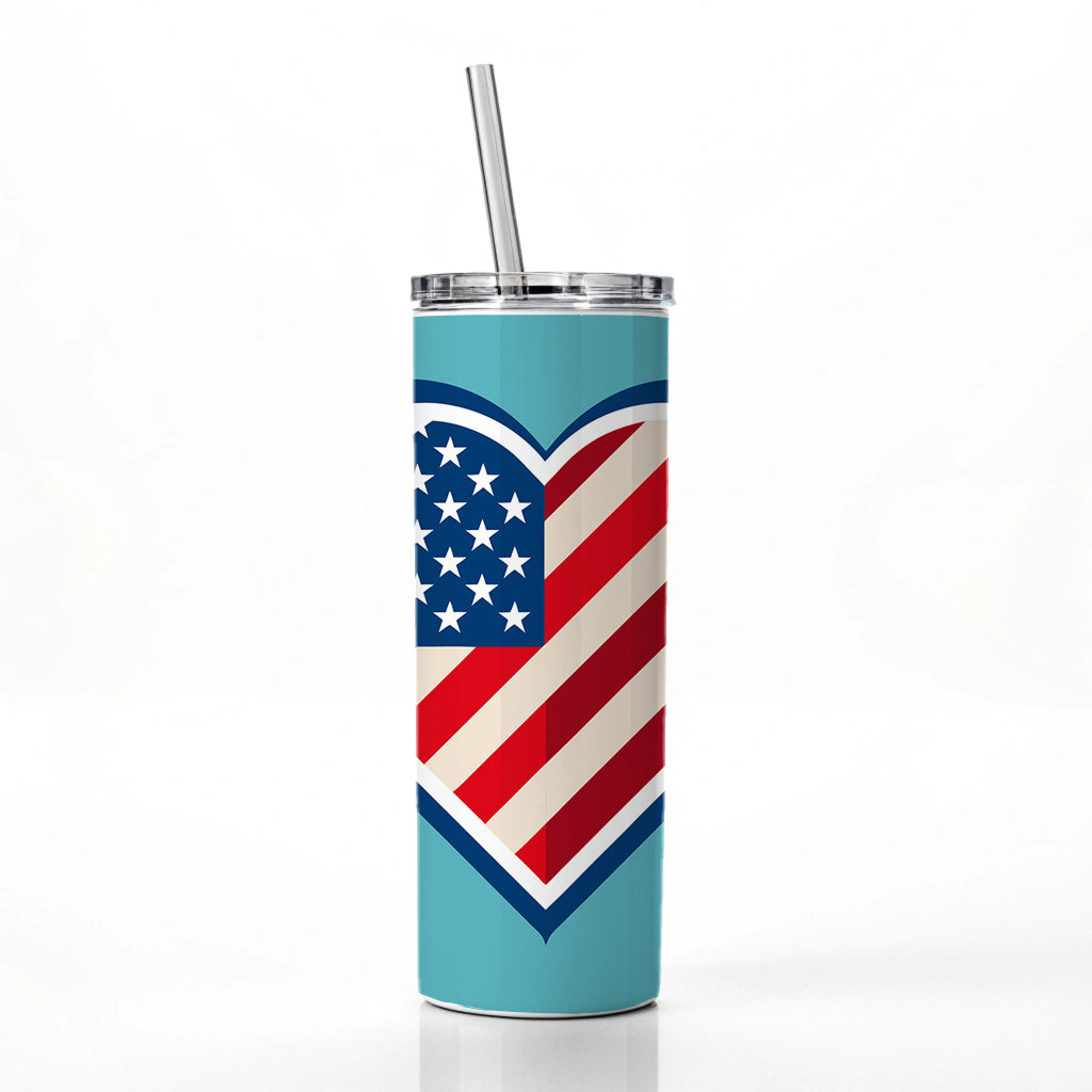 American Flag in Heart Patriotic USA United States Skinny Tumbler 20oz with Straw Insulated Water Bottle Gift