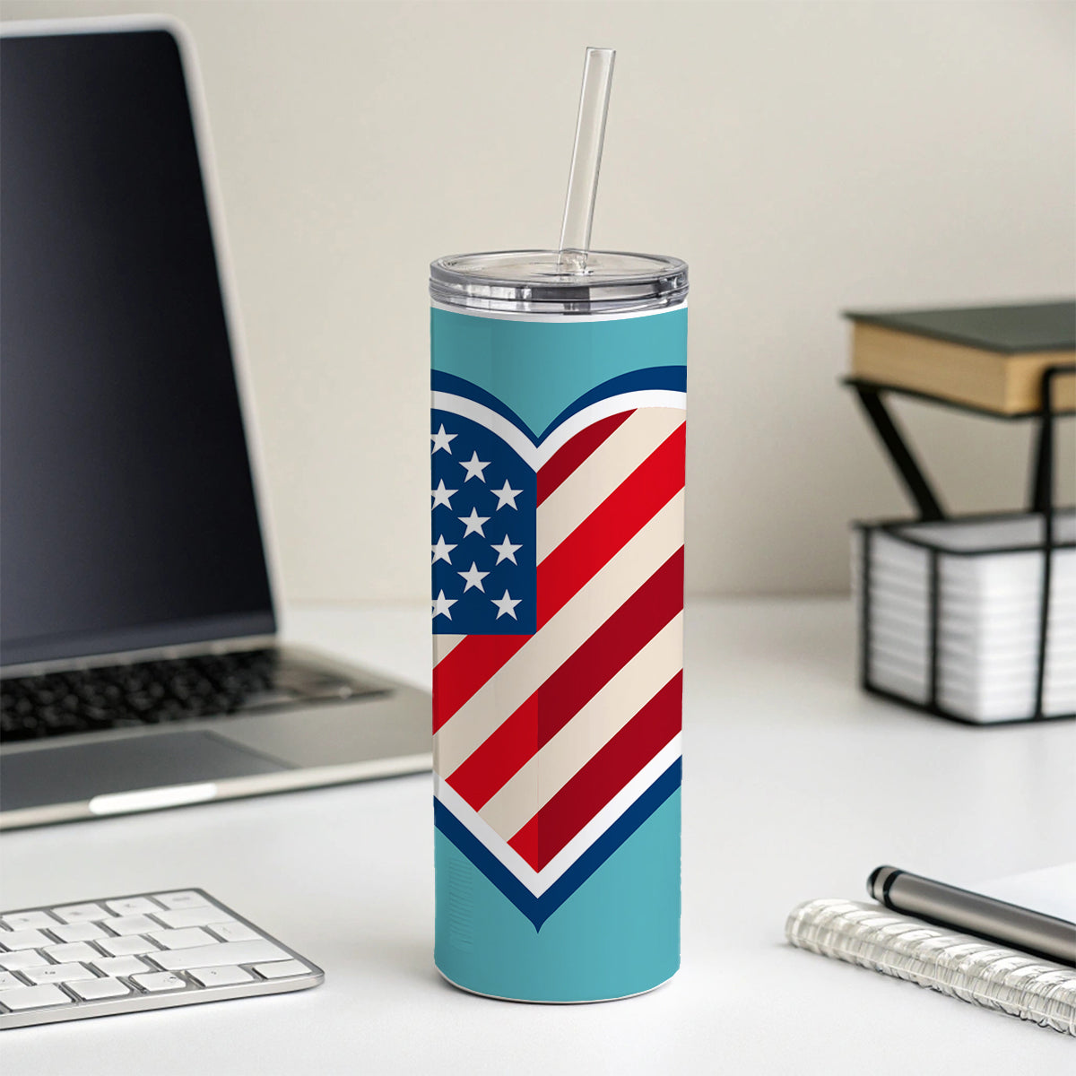 American Flag in Heart Patriotic USA United States Skinny Tumbler 20oz with Straw Insulated Water Bottle Gift