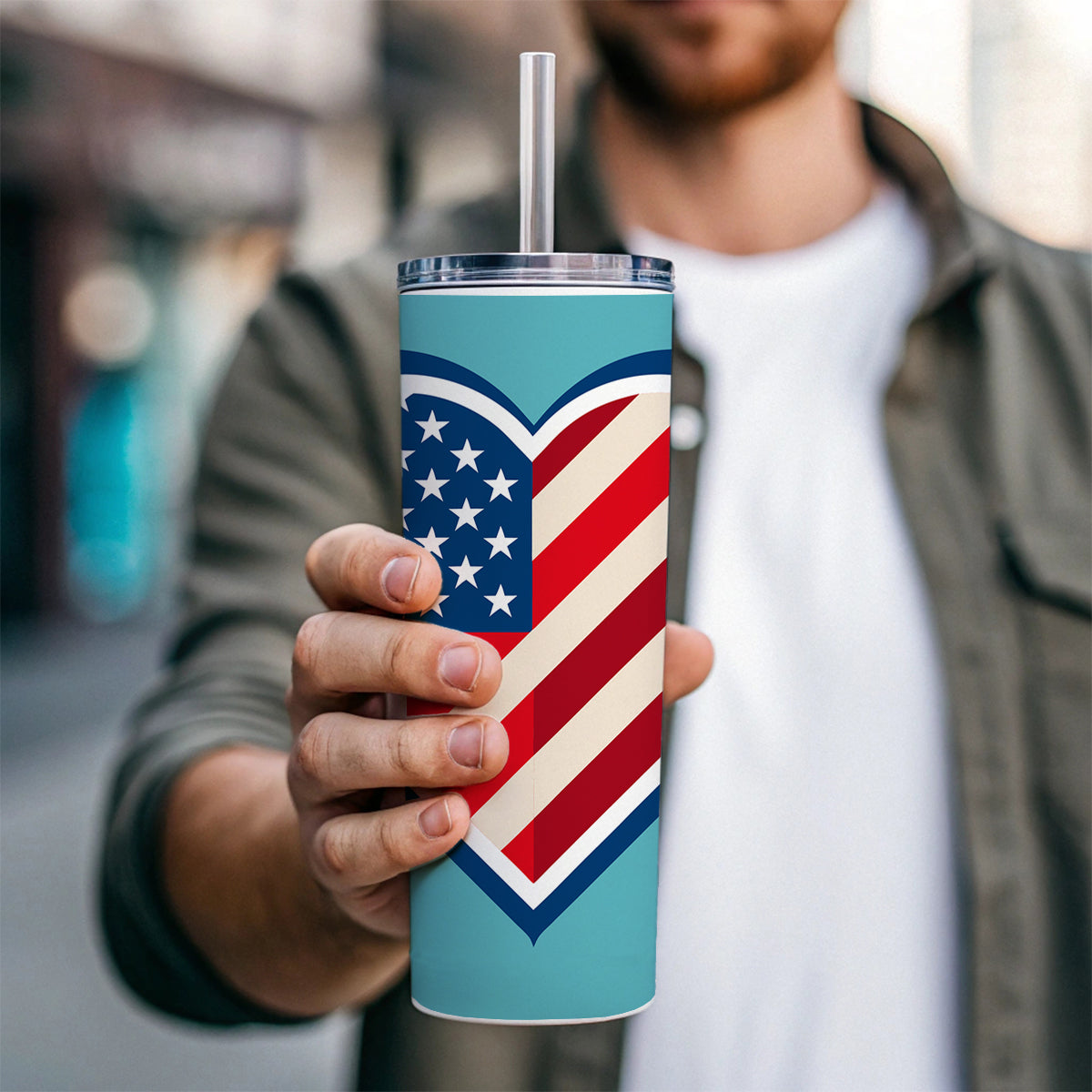 American Flag in Heart Patriotic USA United States Skinny Tumbler 20oz with Straw Insulated Water Bottle Gift