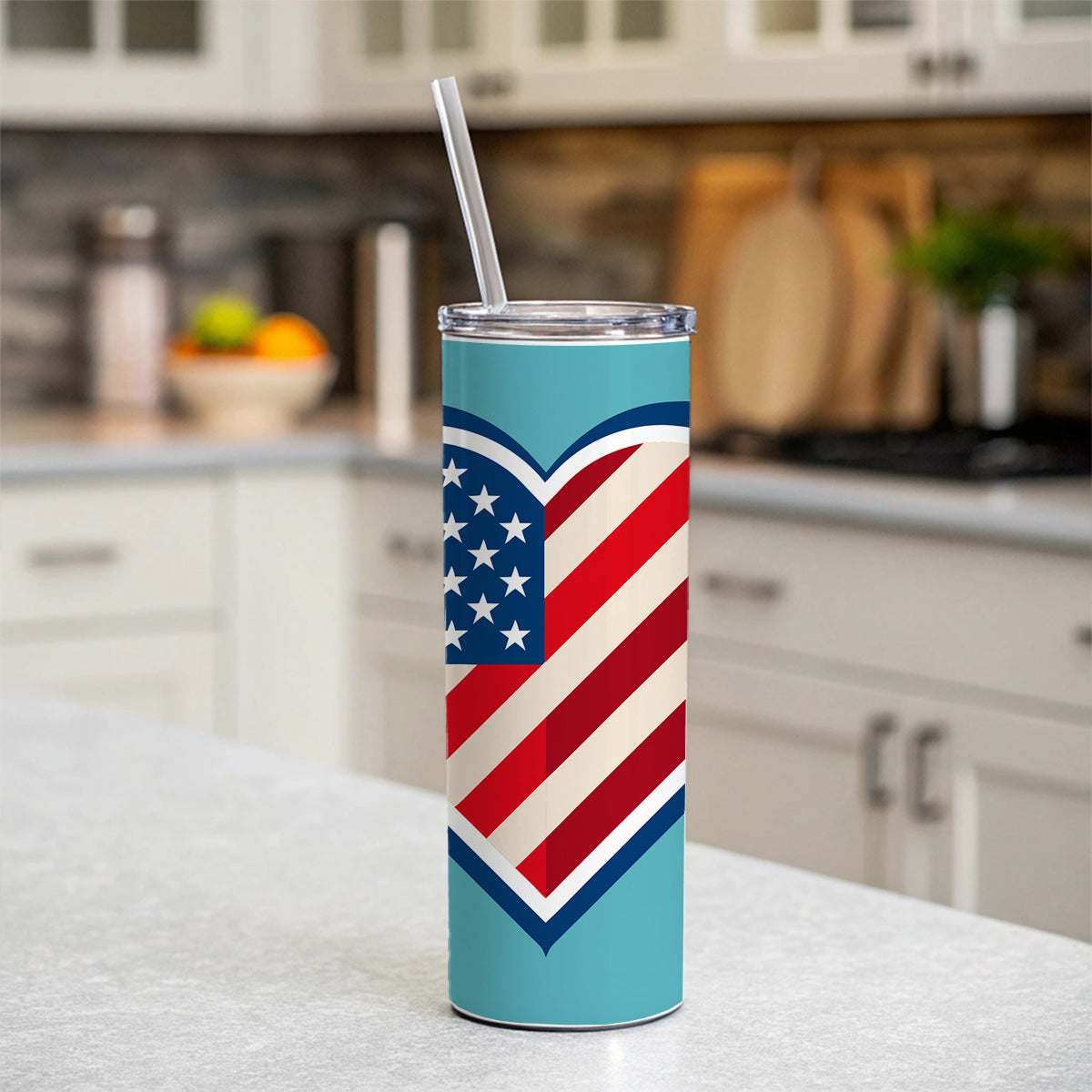 American Flag in Heart Patriotic USA United States Skinny Tumbler 20oz with Straw Insulated Water Bottle Gift