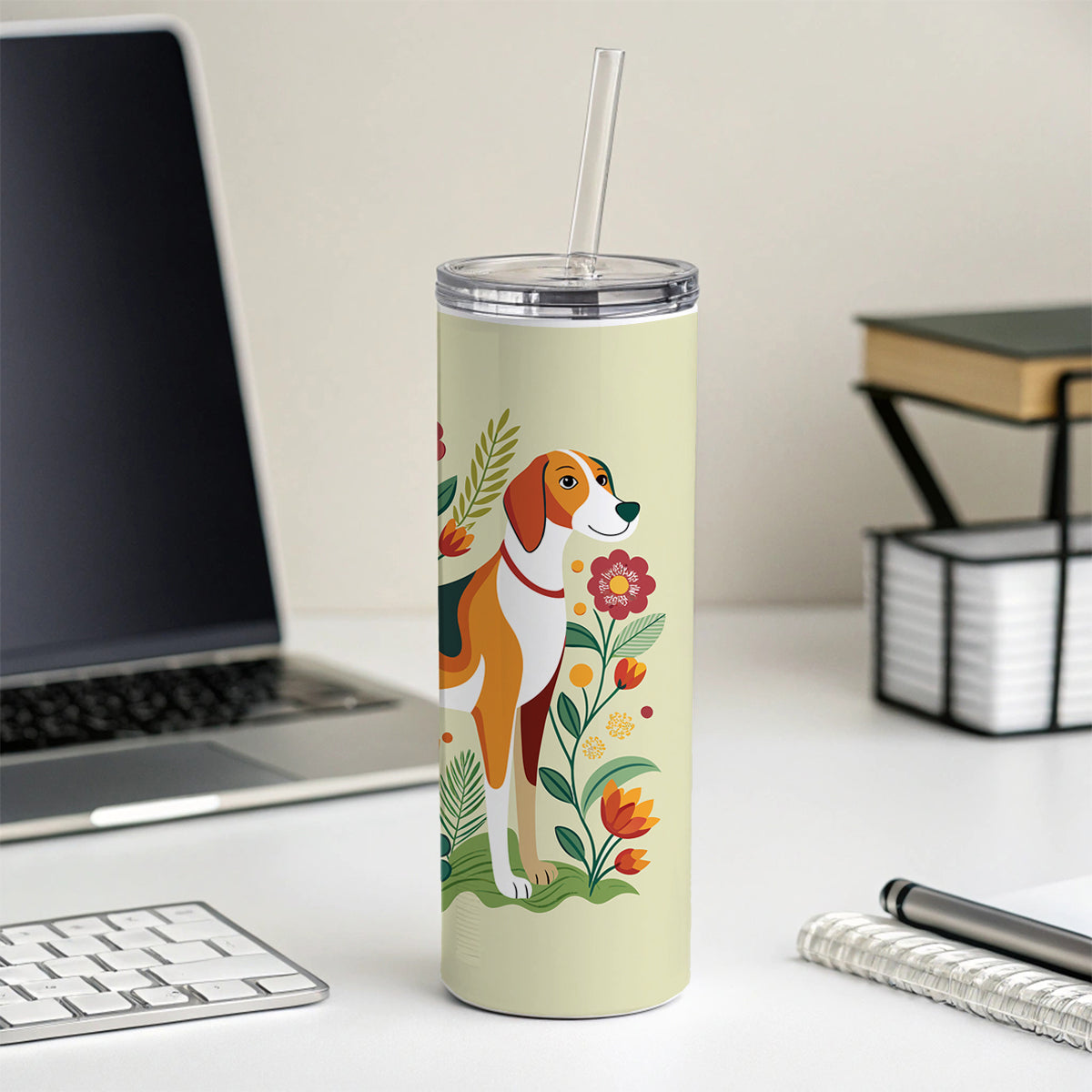 American Foxhound Dog Floral Flowers Skinny Tumbler 20oz with Straw Insulated Water Bottle Gift