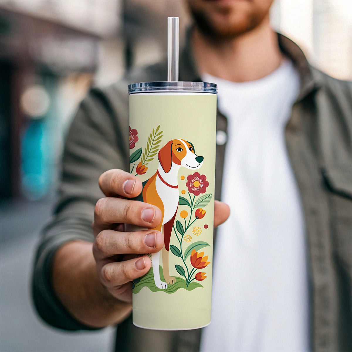 American Foxhound Dog Floral Flowers Skinny Tumbler 20oz with Straw Insulated Water Bottle Gift