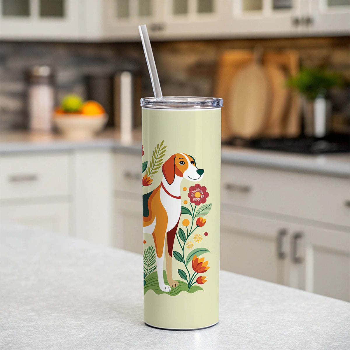 American Foxhound Dog Floral Flowers Skinny Tumbler 20oz with Straw Insulated Water Bottle Gift