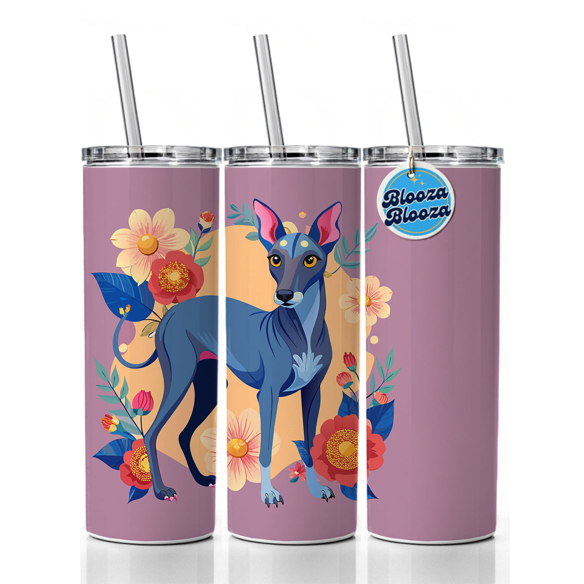 American Hairless Terrier Dog Floral Flowers Skinny Tumbler 20oz with Straw Insulated Water Bottle Gift