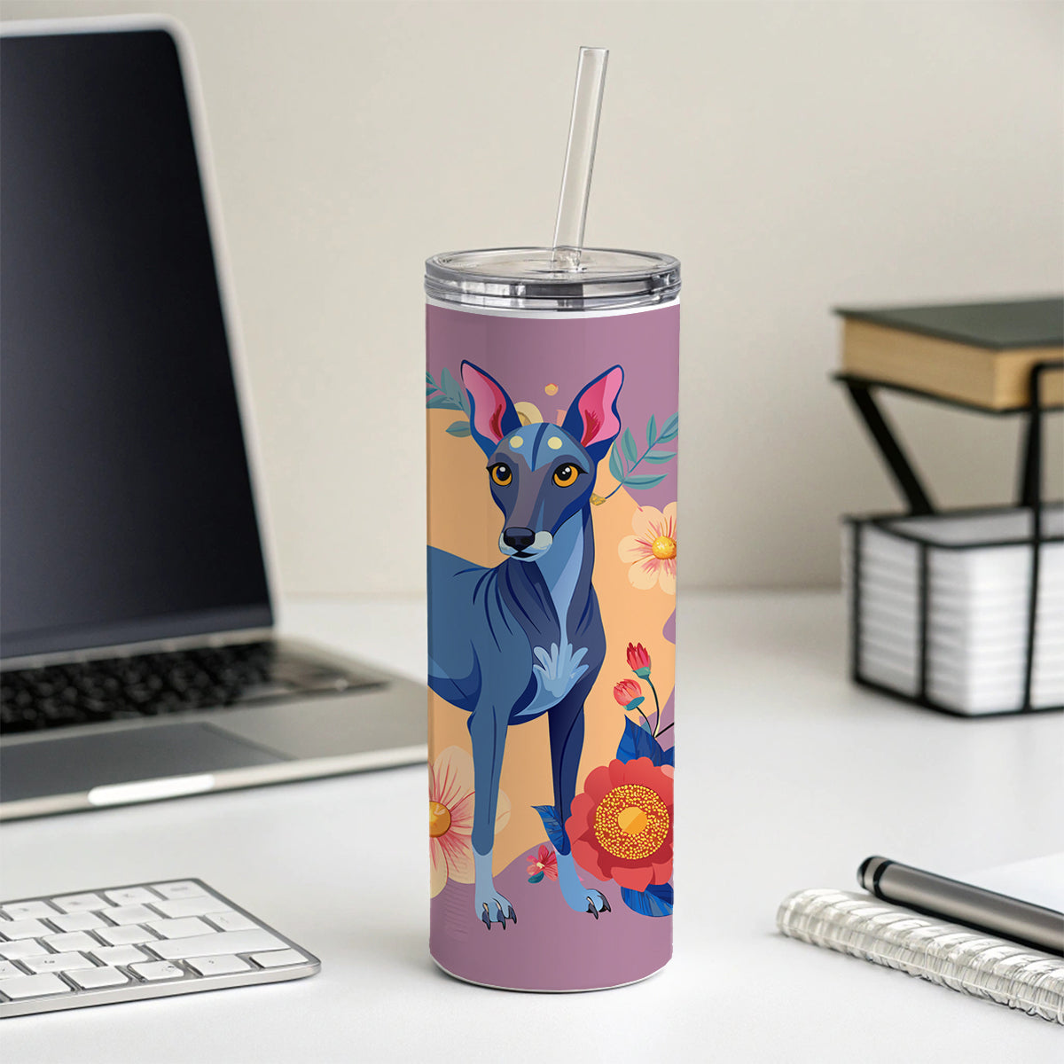 American Hairless Terrier Dog Floral Flowers Skinny Tumbler 20oz with Straw Insulated Water Bottle Gift