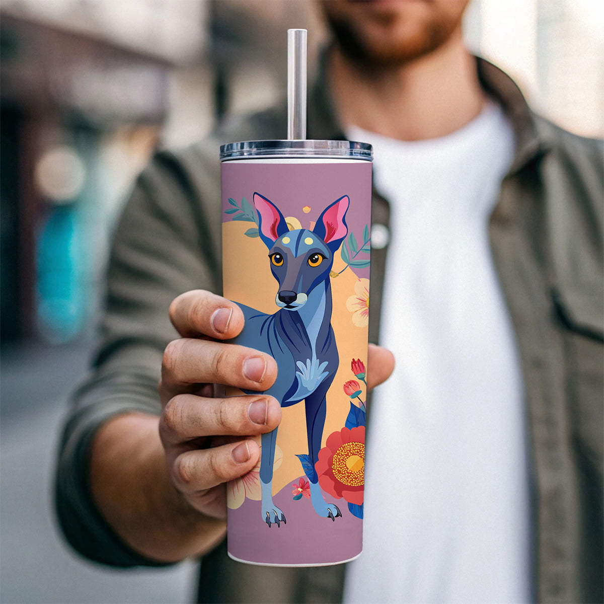 American Hairless Terrier Dog Floral Flowers Skinny Tumbler 20oz with Straw Insulated Water Bottle Gift