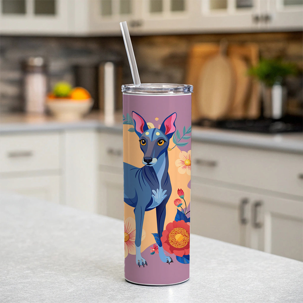 American Hairless Terrier Dog Floral Flowers Skinny Tumbler 20oz with Straw Insulated Water Bottle Gift