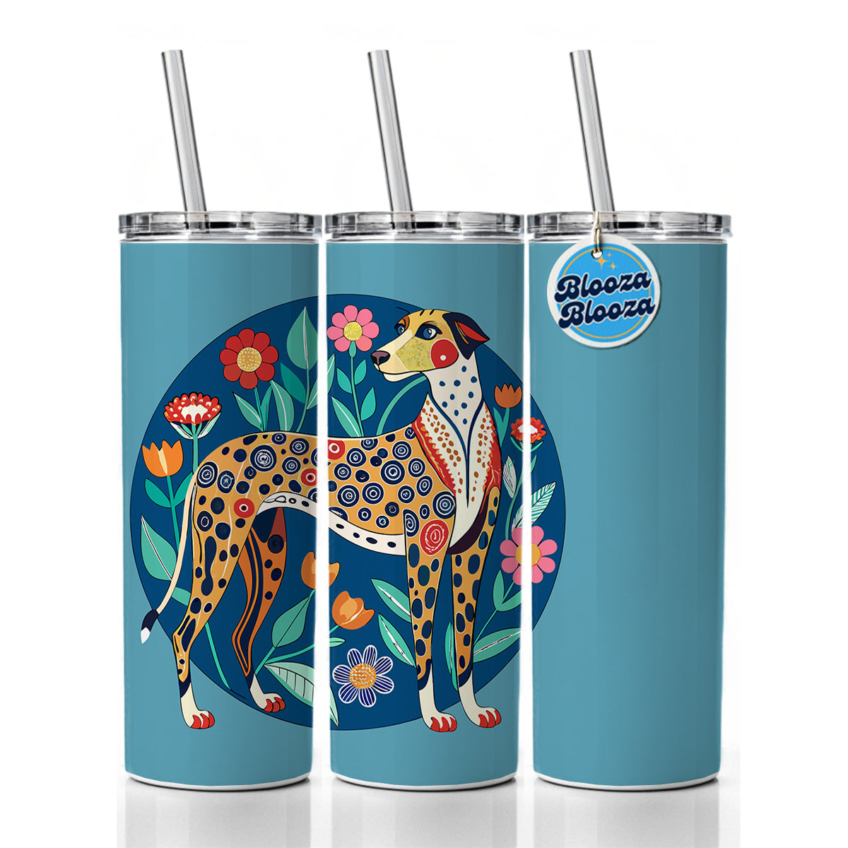 American Leopard Hound Dog Floral Flowers Skinny Tumbler 20oz with Straw Insulated Water Bottle Gift