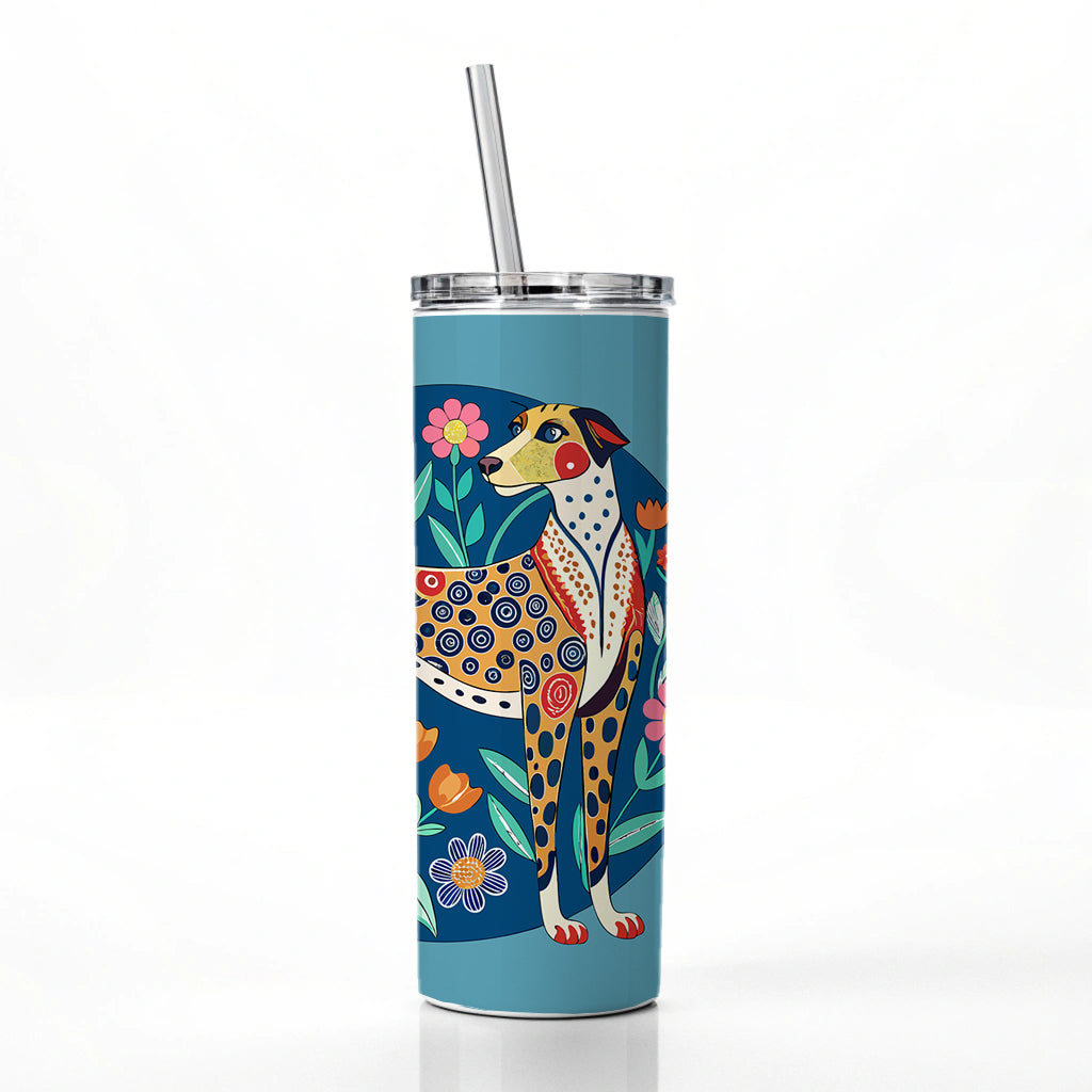 American Leopard Hound Dog Floral Flowers Skinny Tumbler 20oz with Straw Insulated Water Bottle Gift