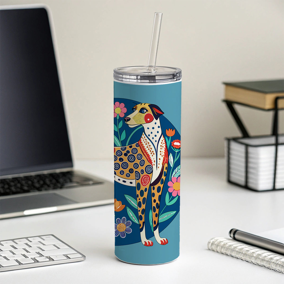 American Leopard Hound Dog Floral Flowers Skinny Tumbler 20oz with Straw Insulated Water Bottle Gift