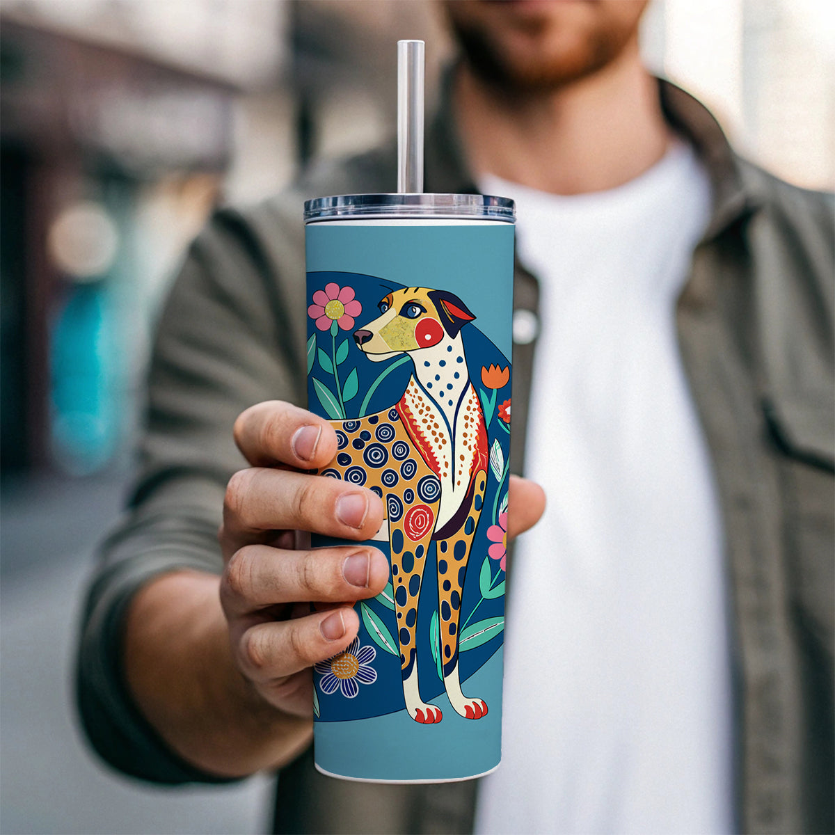 American Leopard Hound Dog Floral Flowers Skinny Tumbler 20oz with Straw Insulated Water Bottle Gift