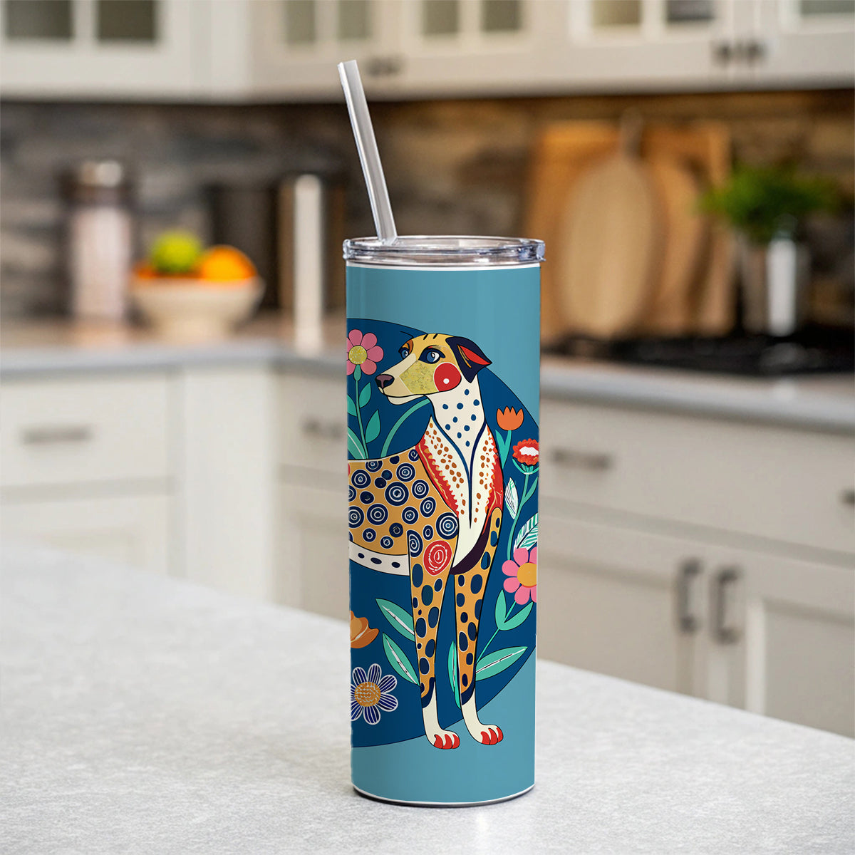 American Leopard Hound Dog Floral Flowers Skinny Tumbler 20oz with Straw Insulated Water Bottle Gift