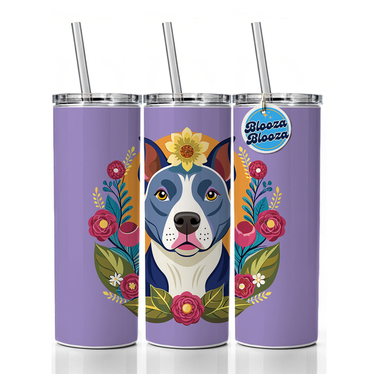 American Pit Bull Terrier Dog Floral Flowers Skinny Tumbler 20oz with Straw Insulated Water Bottle Gift
