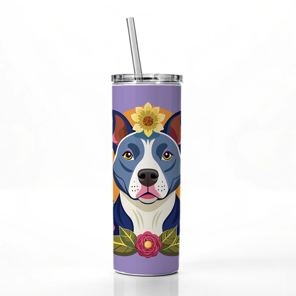 American Pit Bull Terrier Dog Floral Flowers Skinny Tumbler 20oz with Straw Insulated Water Bottle Gift