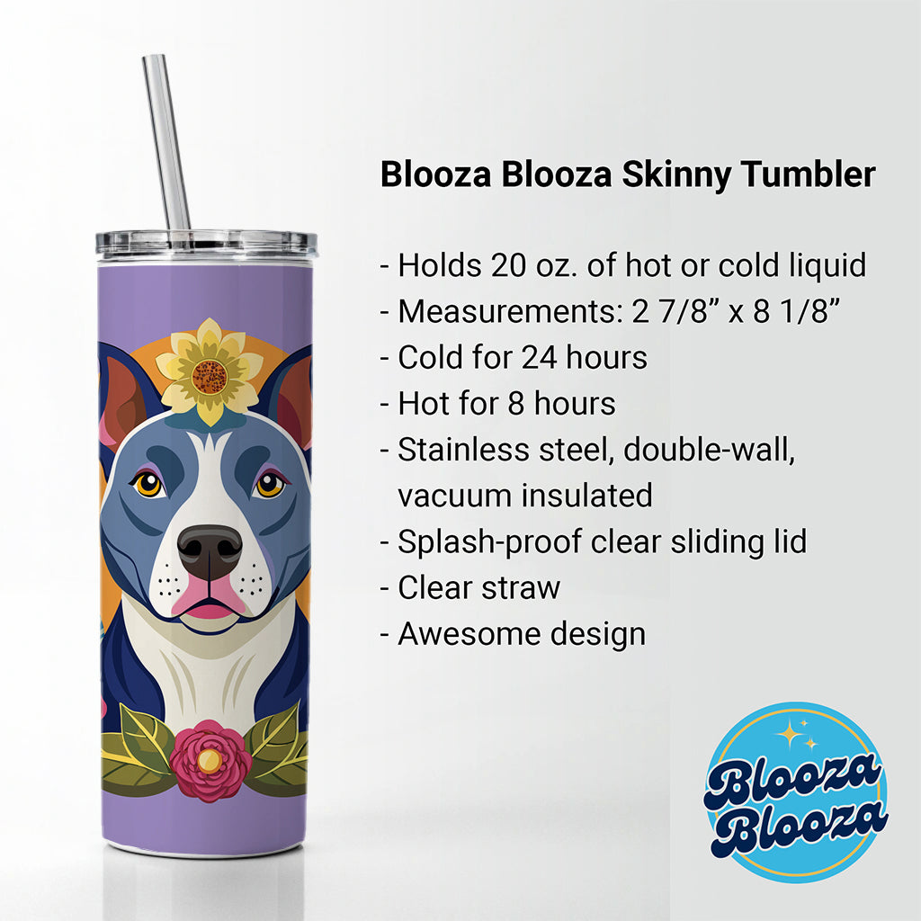 American Pit Bull Terrier Dog Floral Flowers Skinny Tumbler 20oz with Straw Insulated Water Bottle Gift