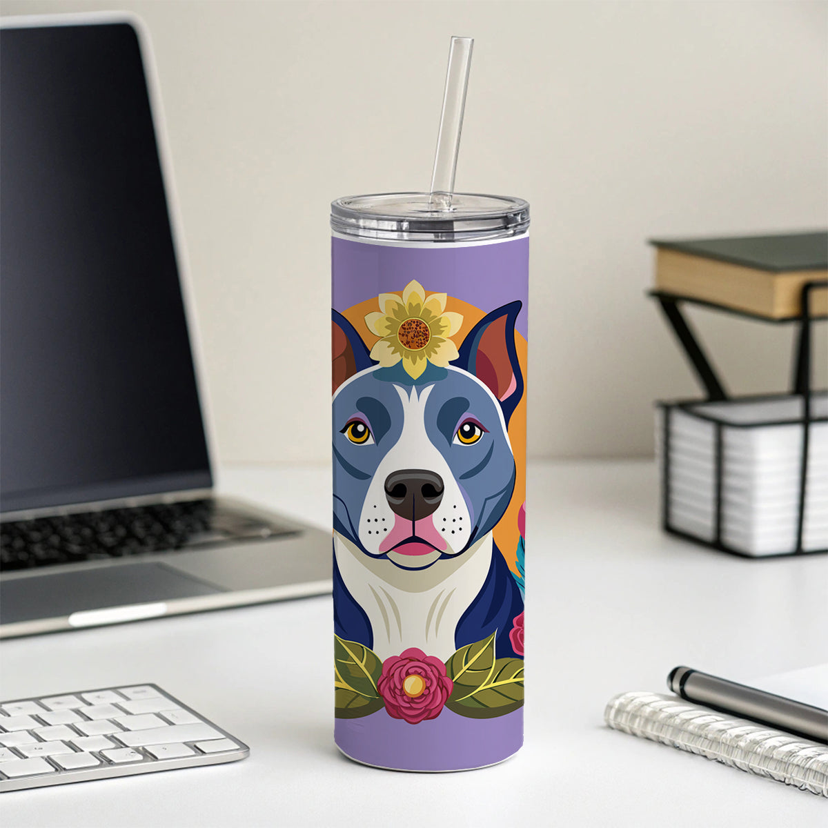 American Pit Bull Terrier Dog Floral Flowers Skinny Tumbler 20oz with Straw Insulated Water Bottle Gift