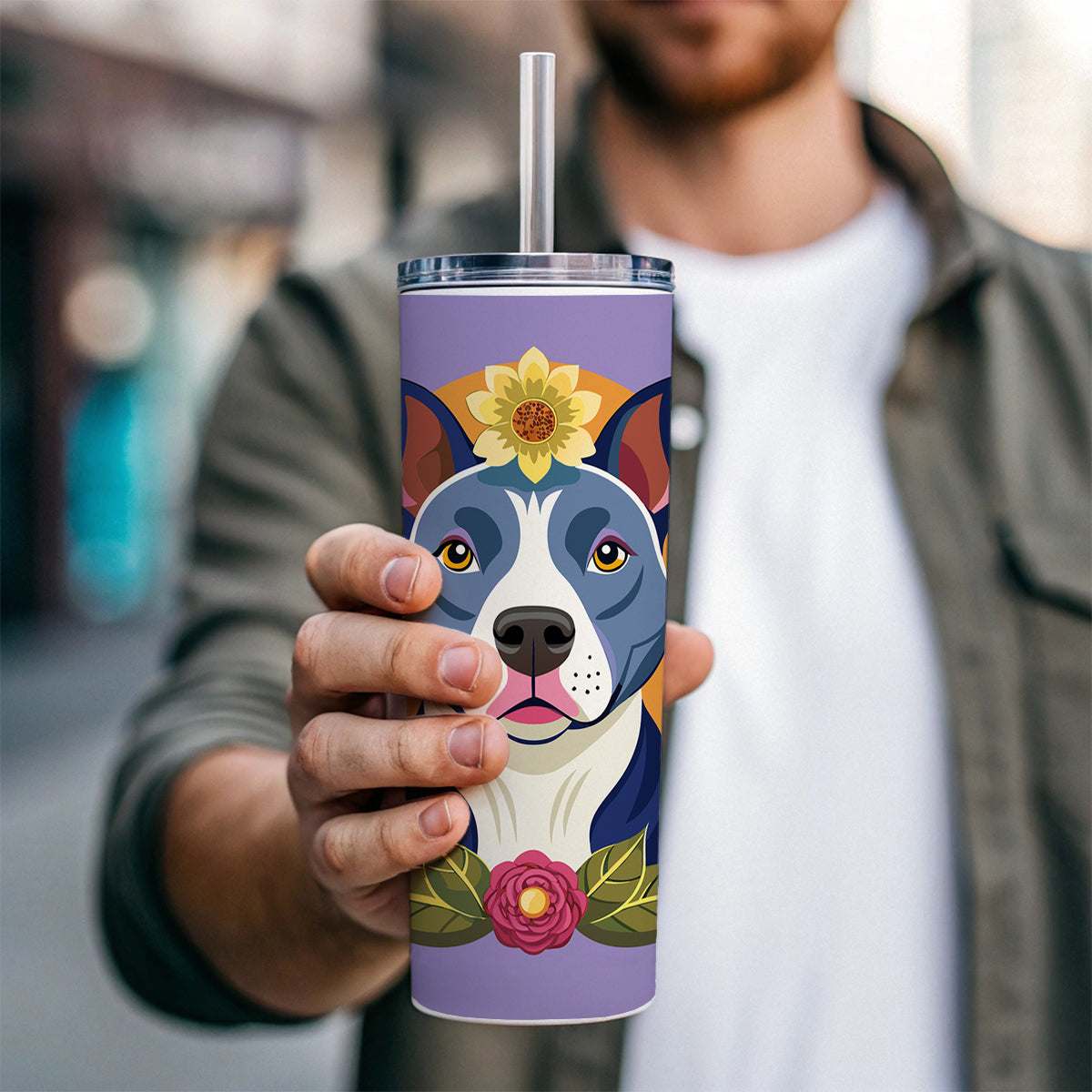 American Pit Bull Terrier Dog Floral Flowers Skinny Tumbler 20oz with Straw Insulated Water Bottle Gift
