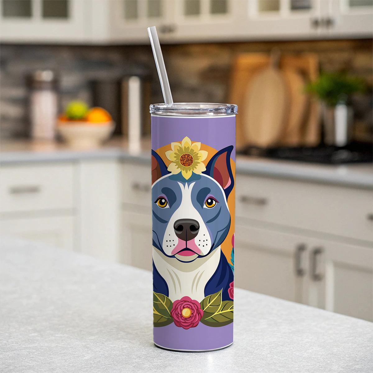American Pit Bull Terrier Dog Floral Flowers Skinny Tumbler 20oz with Straw Insulated Water Bottle Gift