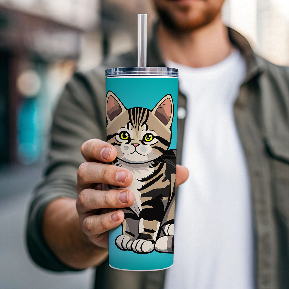 American Shorthair Cute Cat Skinny Tumbler 20oz with Straw Insulated Water Bottle Gift