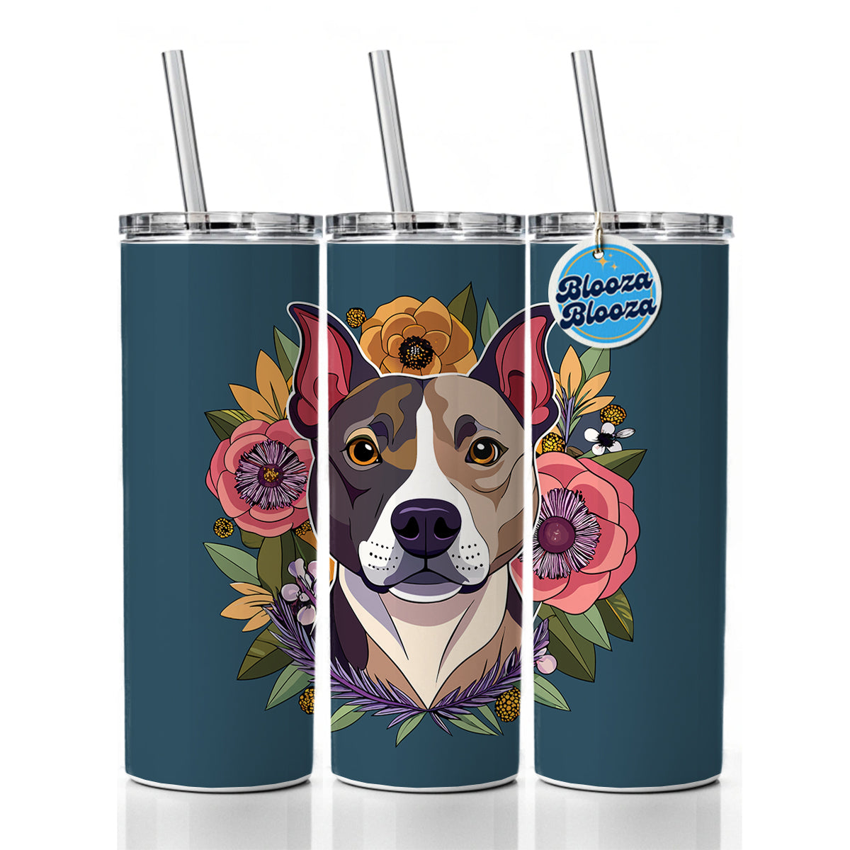 American Staffordshire Terrier Dog Floral Flowers Skinny Tumbler 20oz with Straw Insulated Water Bottle Gift