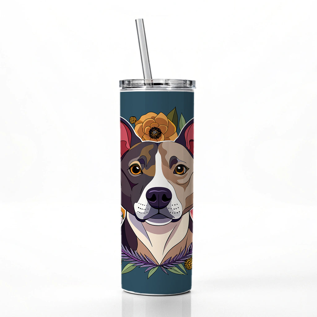 American Staffordshire Terrier Dog Floral Flowers Skinny Tumbler 20oz with Straw Insulated Water Bottle Gift