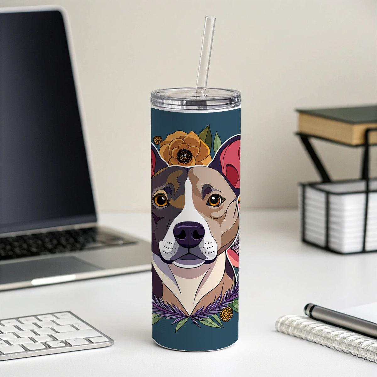 American Staffordshire Terrier Dog Floral Flowers Skinny Tumbler 20oz with Straw Insulated Water Bottle Gift