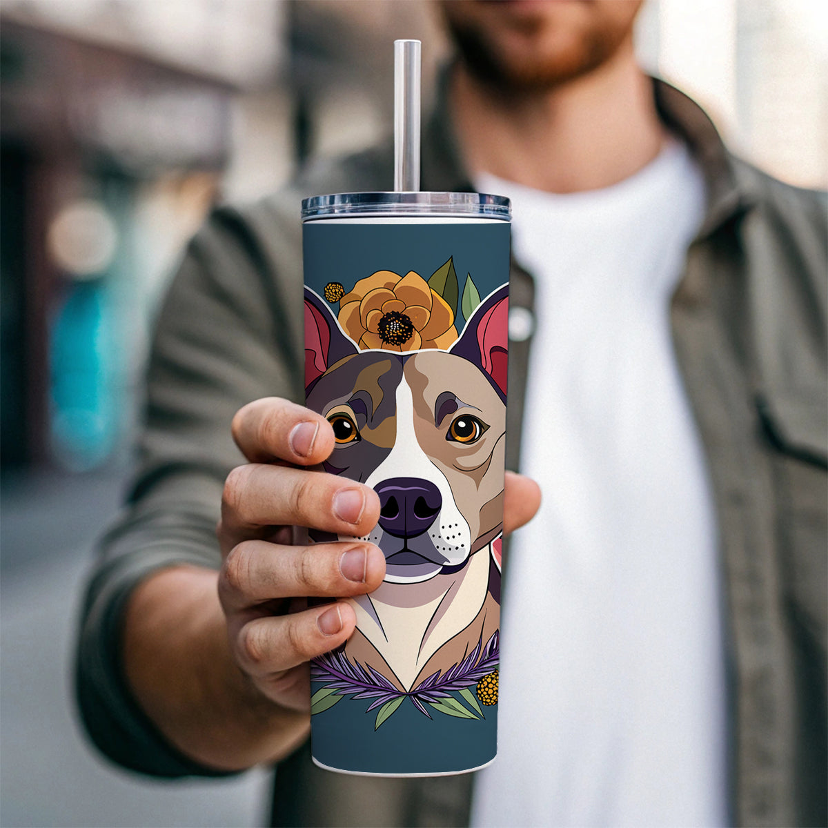 American Staffordshire Terrier Dog Floral Flowers Skinny Tumbler 20oz with Straw Insulated Water Bottle Gift