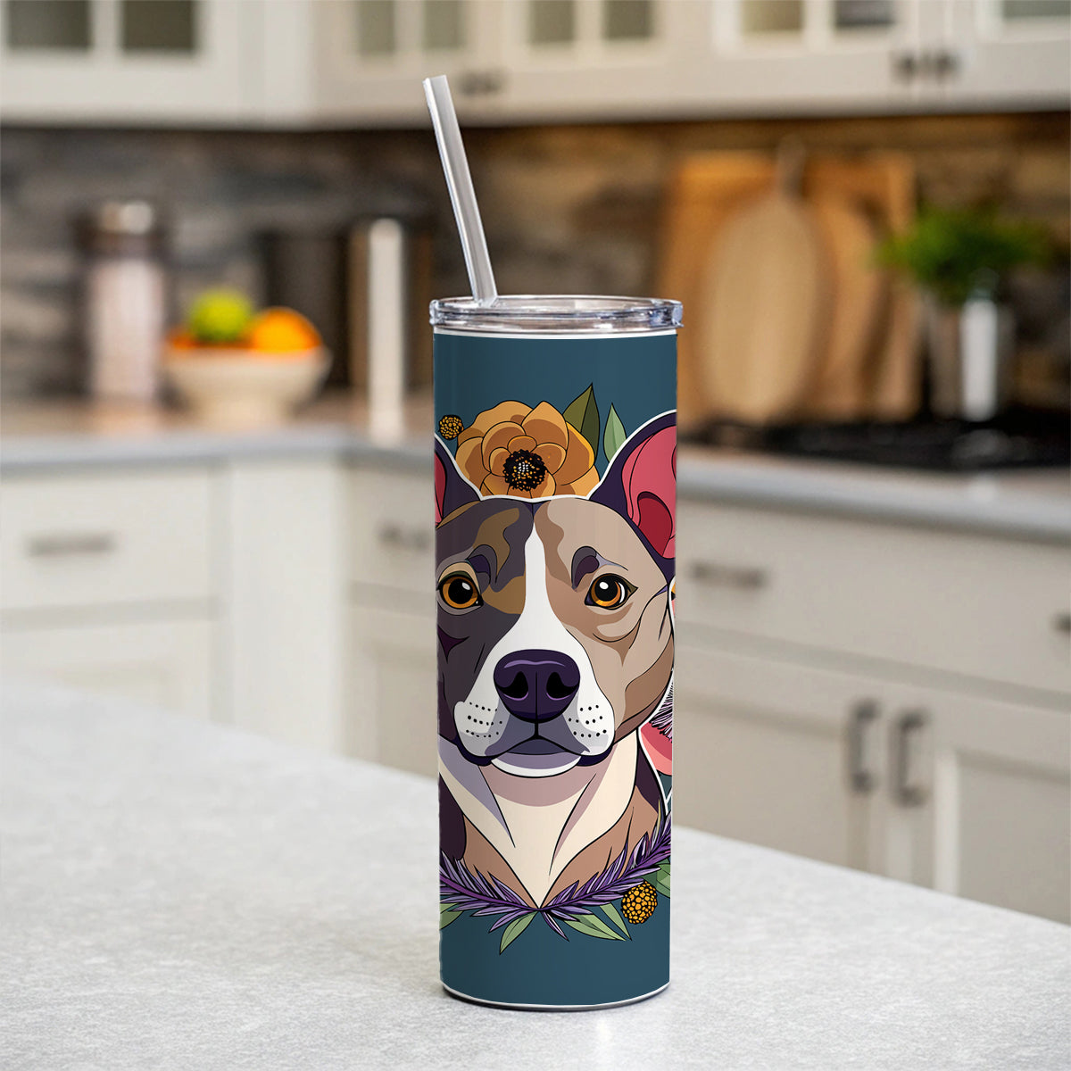 American Staffordshire Terrier Dog Floral Flowers Skinny Tumbler 20oz with Straw Insulated Water Bottle Gift