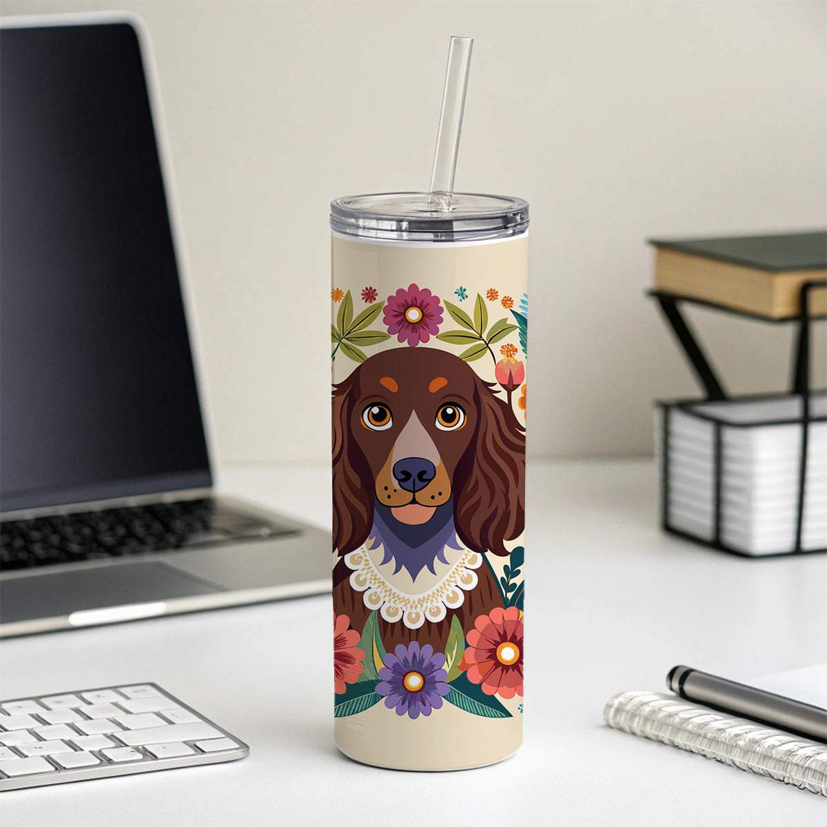 American Water Spaniel Dog Floral Flowers Skinny Tumbler 20oz with Straw Insulated Water Bottle Gift
