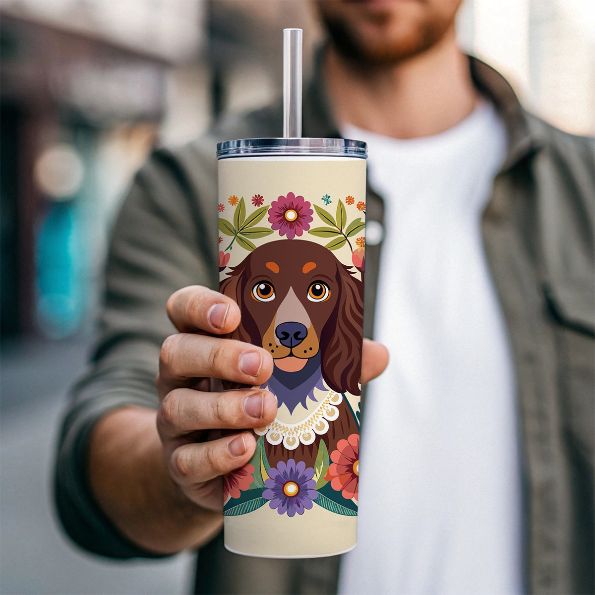 American Water Spaniel Dog Floral Flowers Skinny Tumbler 20oz with Straw Insulated Water Bottle Gift