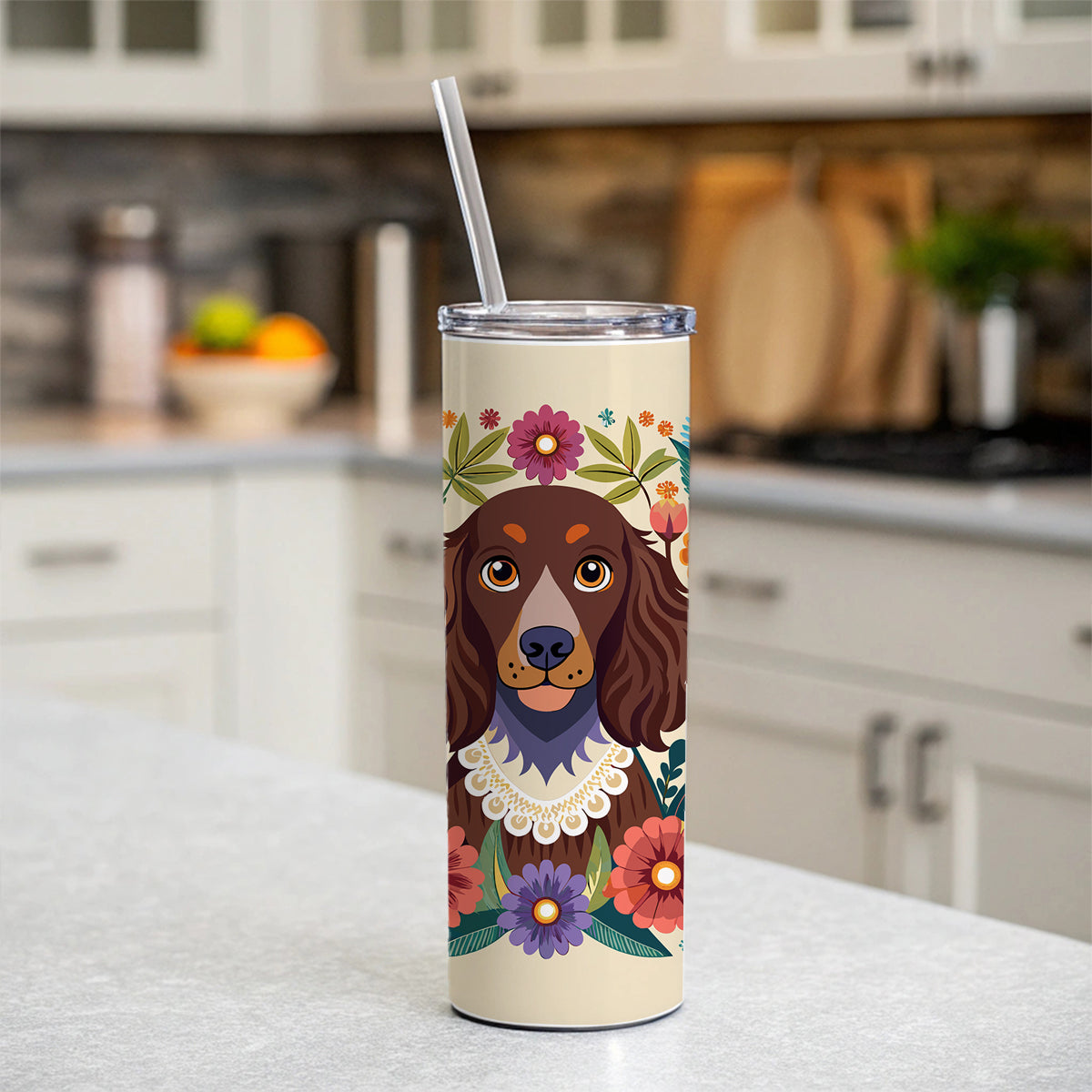 American Water Spaniel Dog Floral Flowers Skinny Tumbler 20oz with Straw Insulated Water Bottle Gift