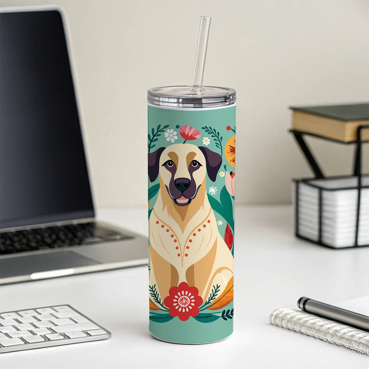 Anatolian Shepherd Dog Floral Flowers Skinny Tumbler 20oz with Straw Insulated Water Bottle Gift
