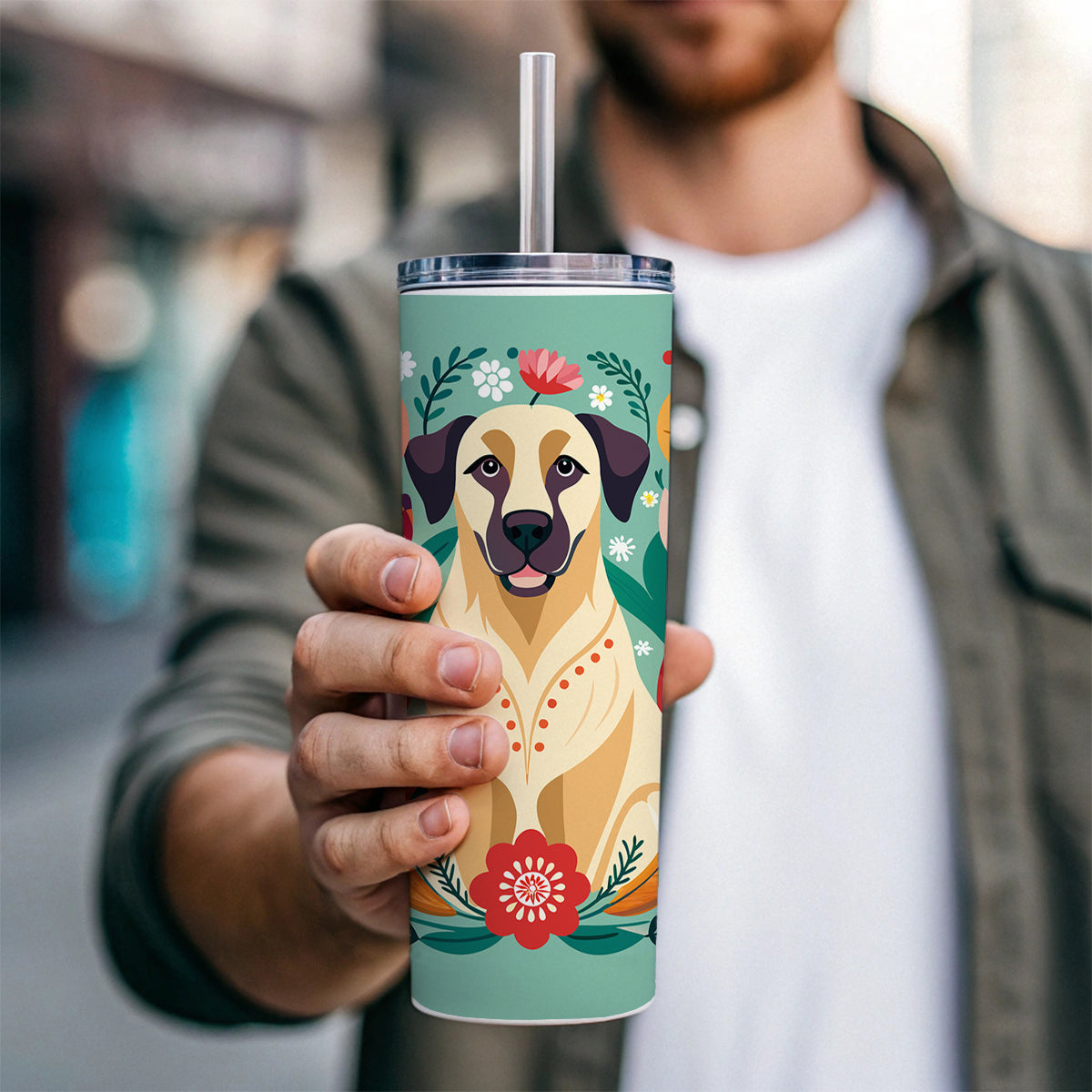 Anatolian Shepherd Dog Floral Flowers Skinny Tumbler 20oz with Straw Insulated Water Bottle Gift