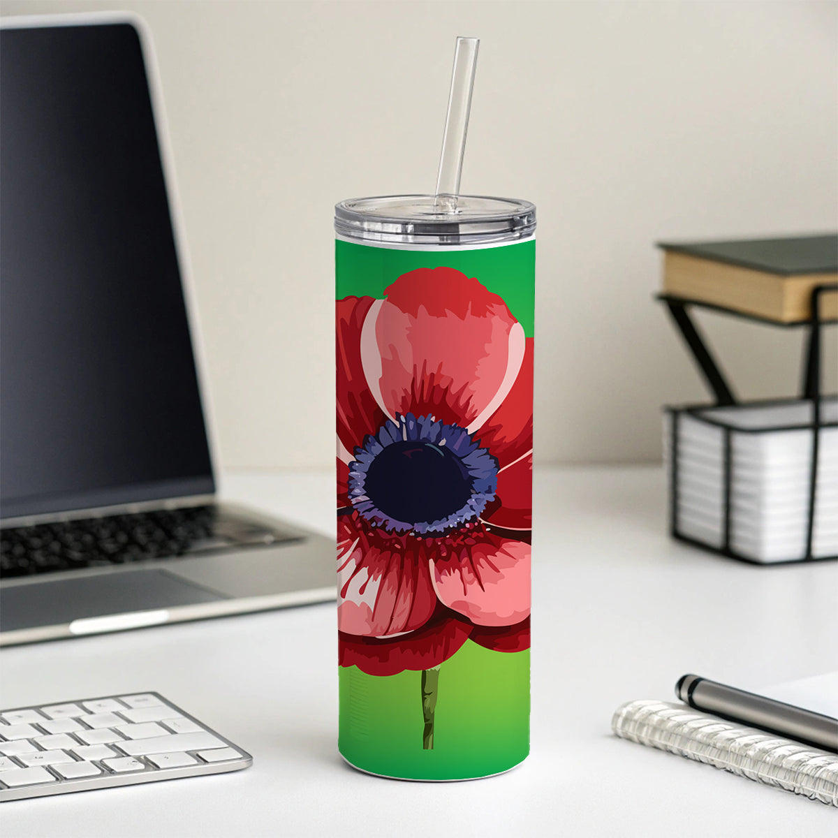 Anemone Flower Watercolor Red Skinny Tumbler 20oz with Straw Insulated Water Bottle Gift