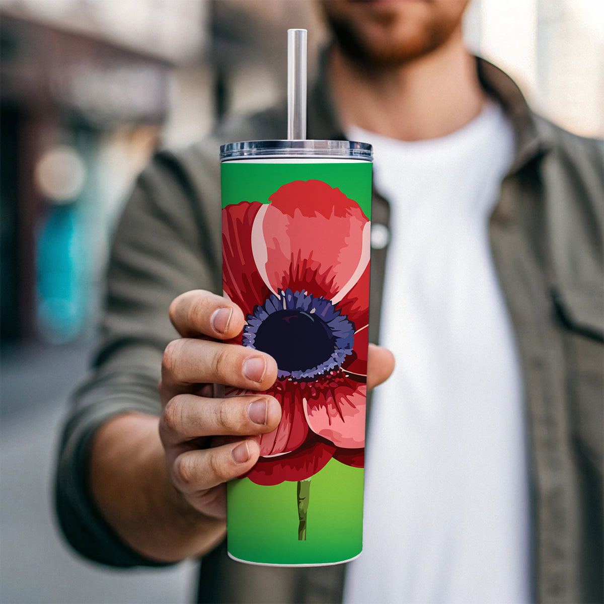Anemone Flower Watercolor Red Skinny Tumbler 20oz with Straw Insulated Water Bottle Gift