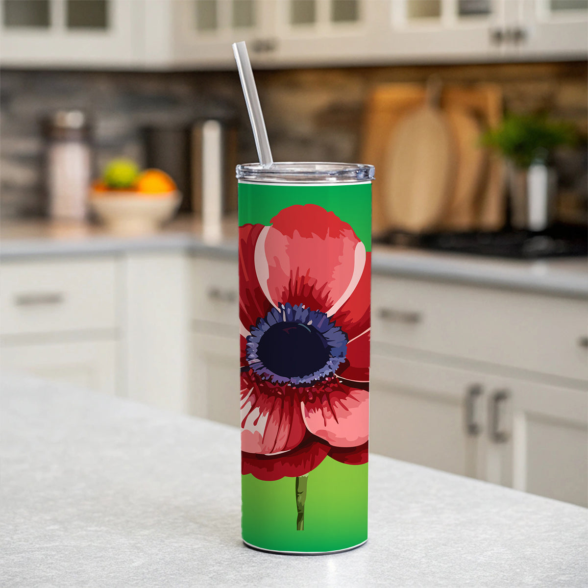 Anemone Flower Watercolor Red Skinny Tumbler 20oz with Straw Insulated Water Bottle Gift