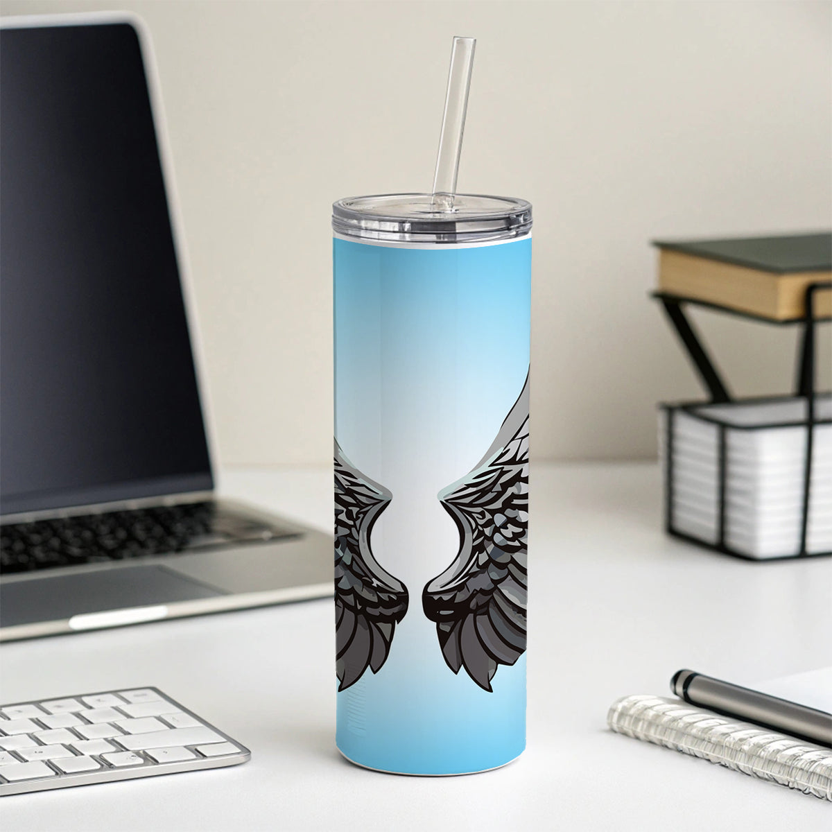 Angel Wings Pair Skinny Tumbler 20oz with Straw Insulated Water Bottle Gift