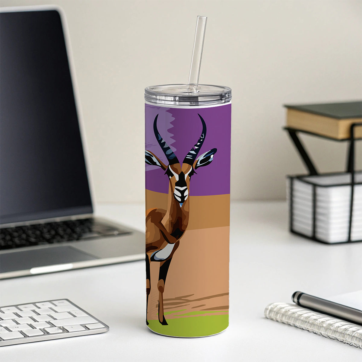 Antelope Buck Watercolor Skinny Tumbler 20oz with Straw Insulated Water Bottle Gift