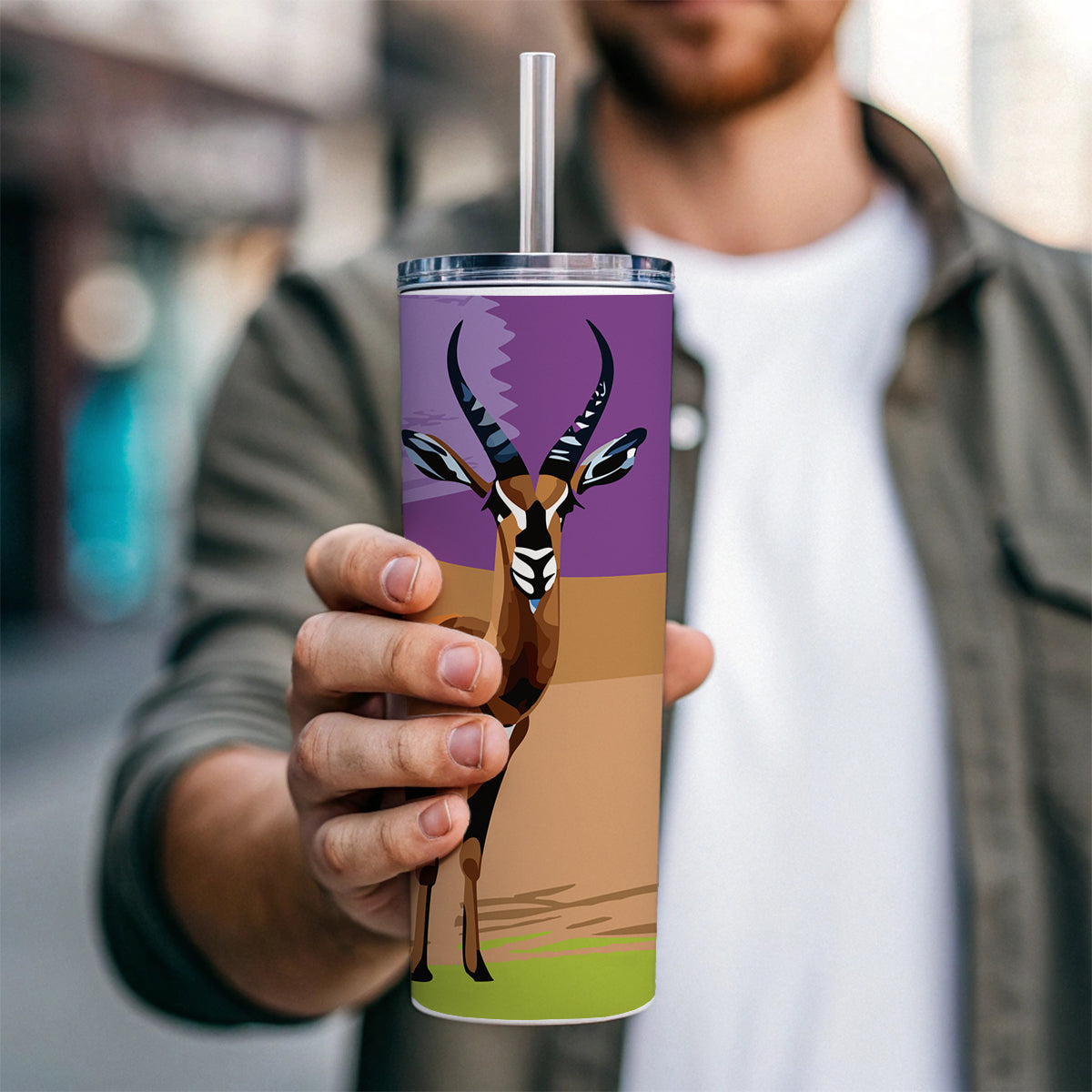 Antelope Buck Watercolor Skinny Tumbler 20oz with Straw Insulated Water Bottle Gift