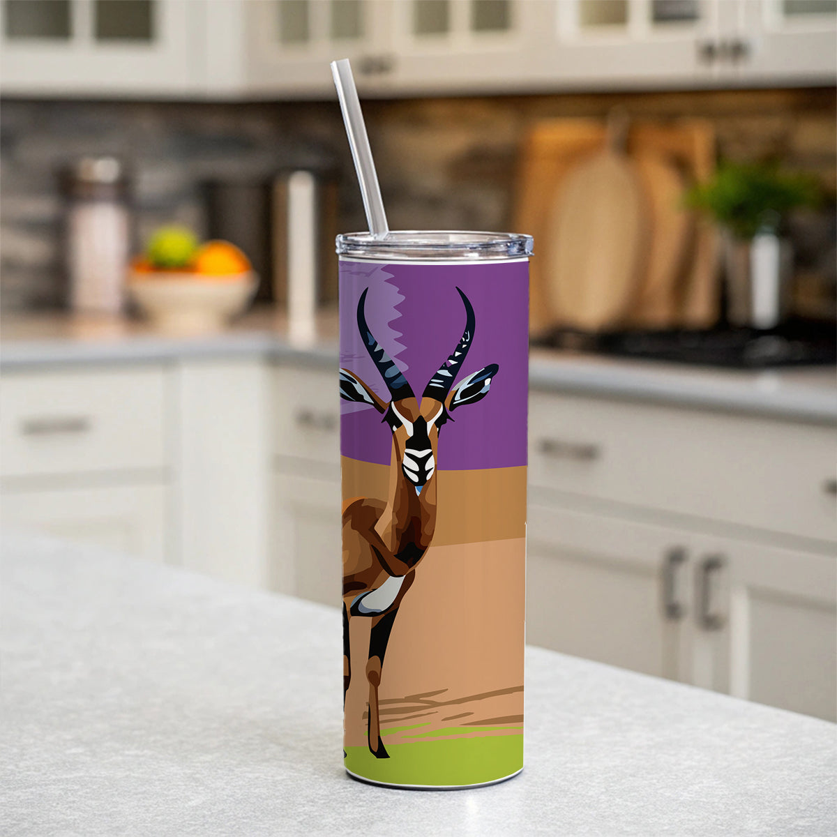 Antelope Buck Watercolor Skinny Tumbler 20oz with Straw Insulated Water Bottle Gift
