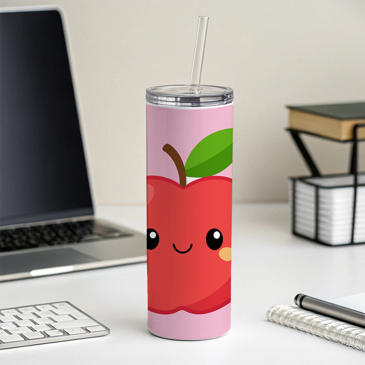 Apple Cute Happy Fruit Teacher Skinny Tumbler 20oz with Straw Insulated Water Bottle Gift