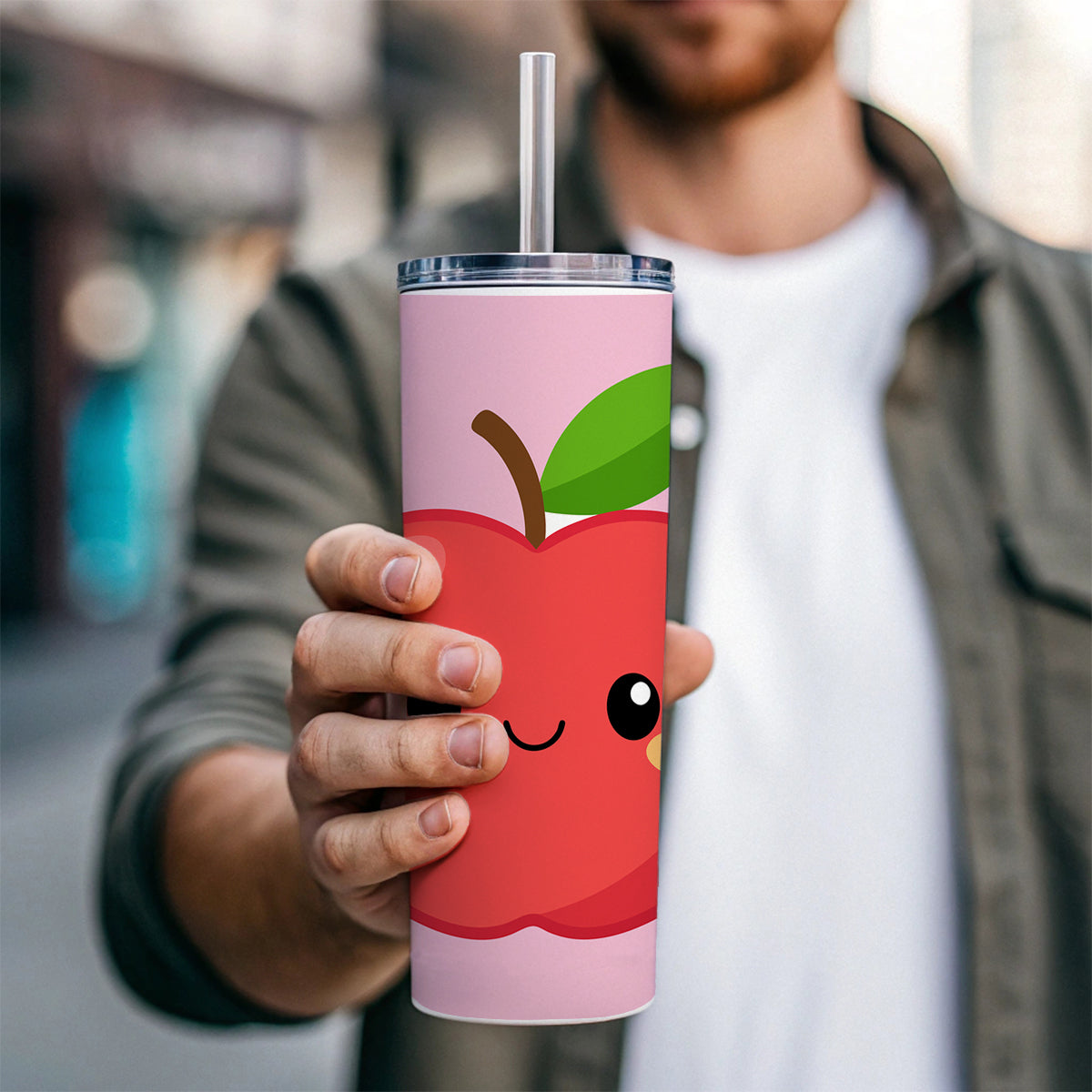 Apple Cute Happy Fruit Teacher Skinny Tumbler 20oz with Straw Insulated Water Bottle Gift