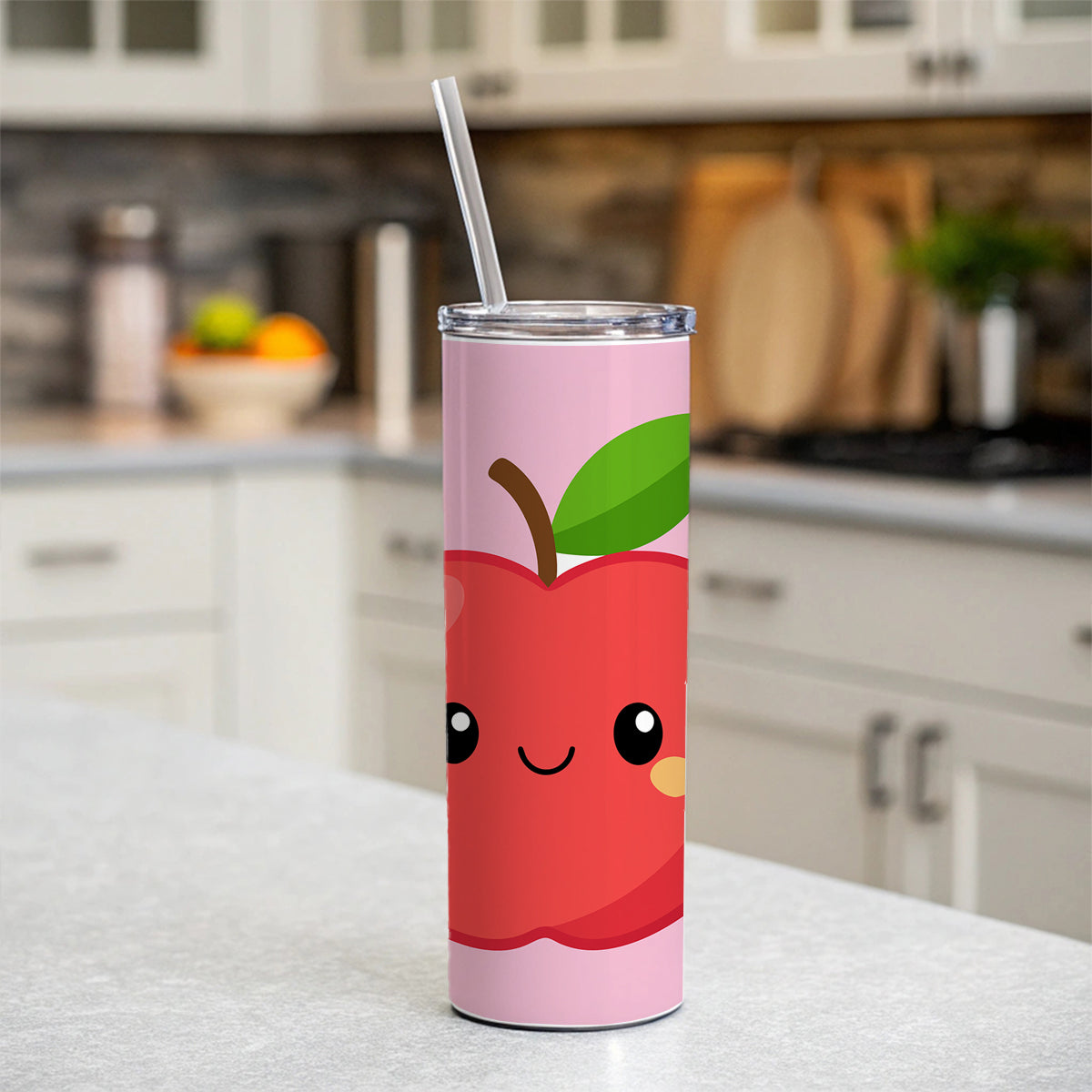 Apple Cute Happy Fruit Teacher Skinny Tumbler 20oz with Straw Insulated Water Bottle Gift