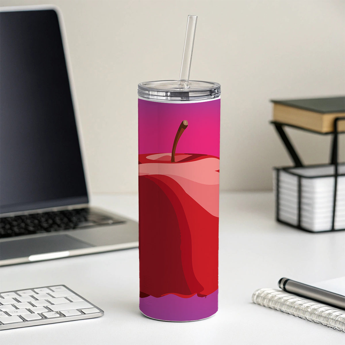 Apple Red Fruit Skinny Tumbler 20oz with Straw Insulated Water Bottle Gift