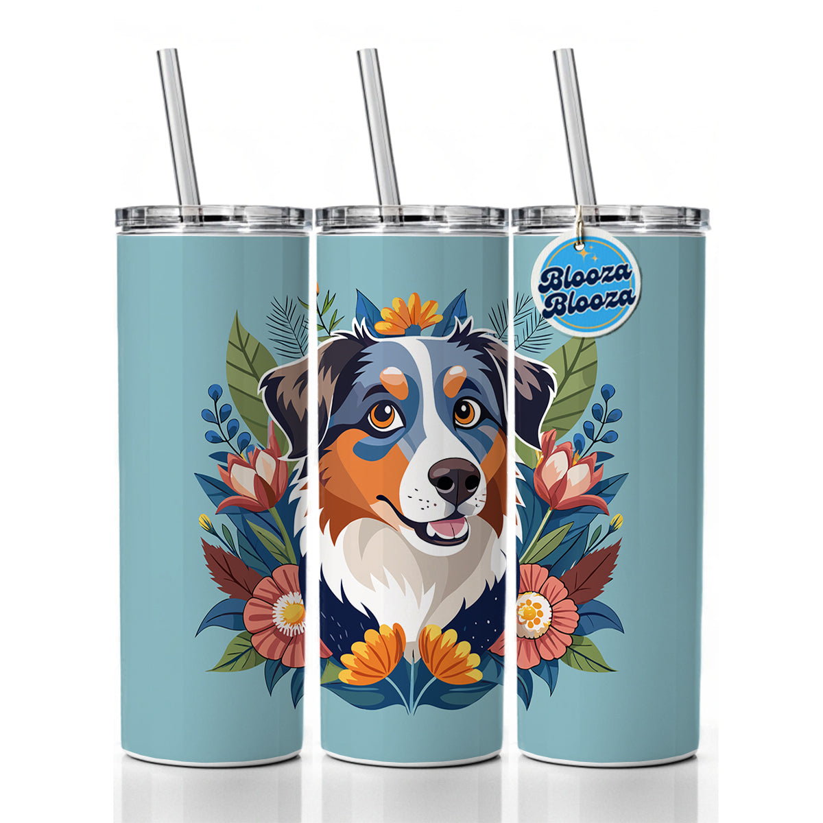 Australian Shepherd Dog Floral Flowers Skinny Tumbler 20oz with Straw Insulated Water Bottle Gift