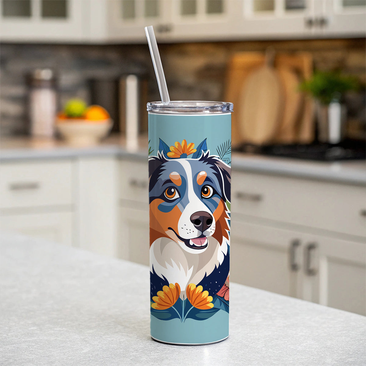 Australian Shepherd Dog Floral Flowers Skinny Tumbler 20oz with Straw Insulated Water Bottle Gift