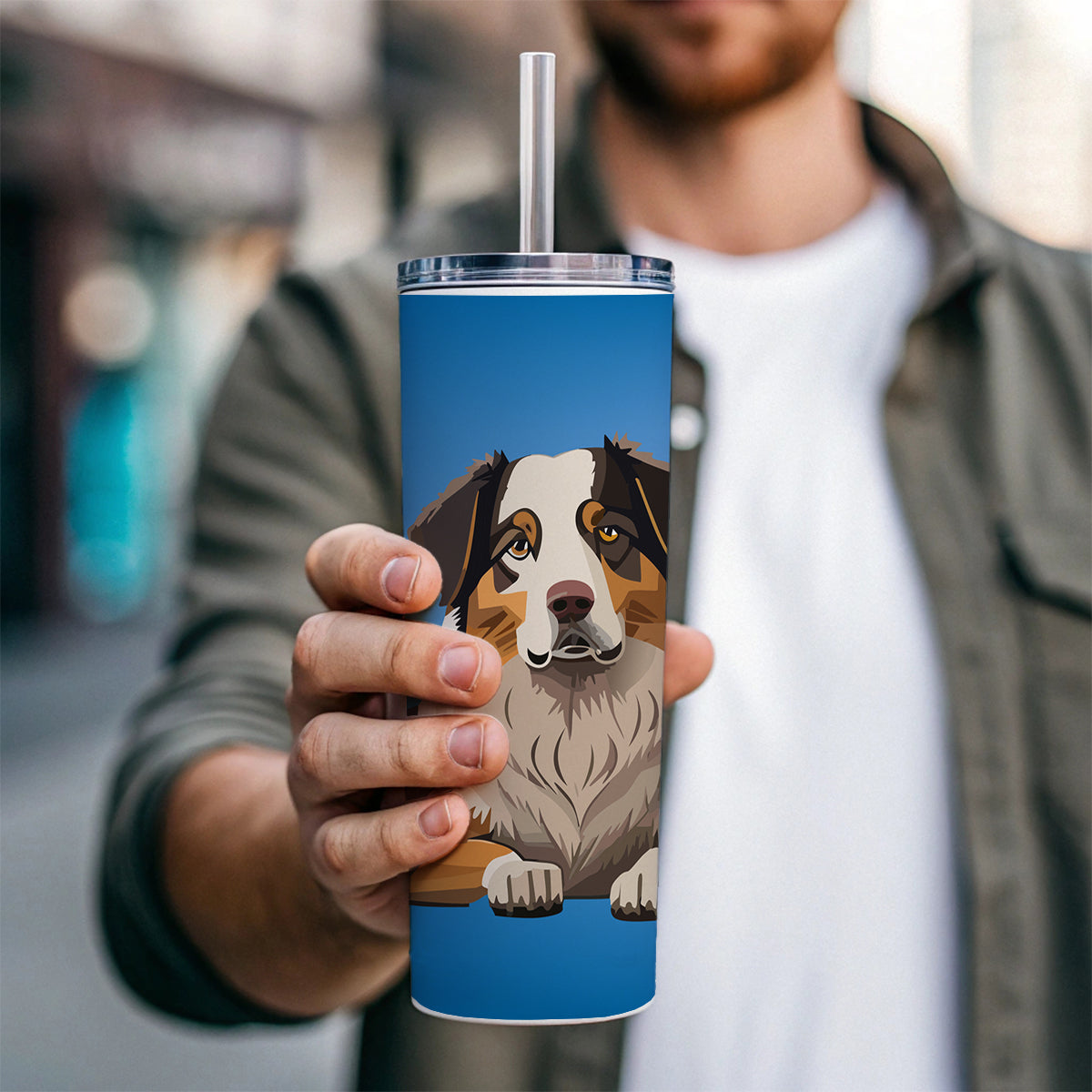 Australian Shepherd Dog Skinny Tumbler 20oz with Straw Insulated Water Bottle Gift