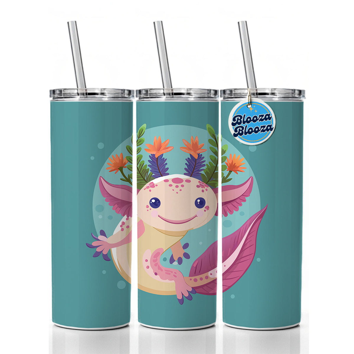 Axolotl Head Floral Flowers Skinny Tumbler 20oz with Straw Insulated Water Bottle Gift