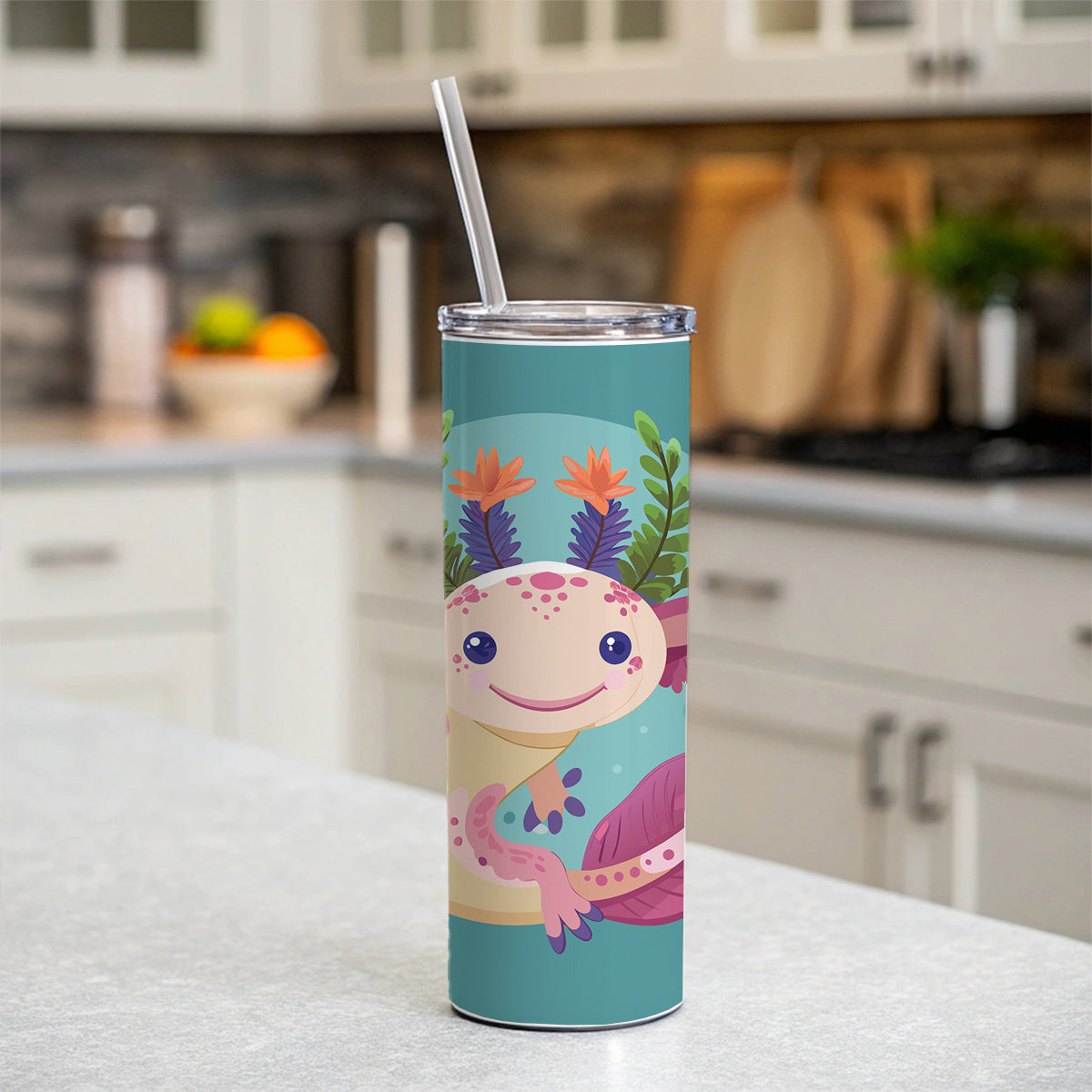 Axolotl Head Floral Flowers Skinny Tumbler 20oz with Straw Insulated Water Bottle Gift