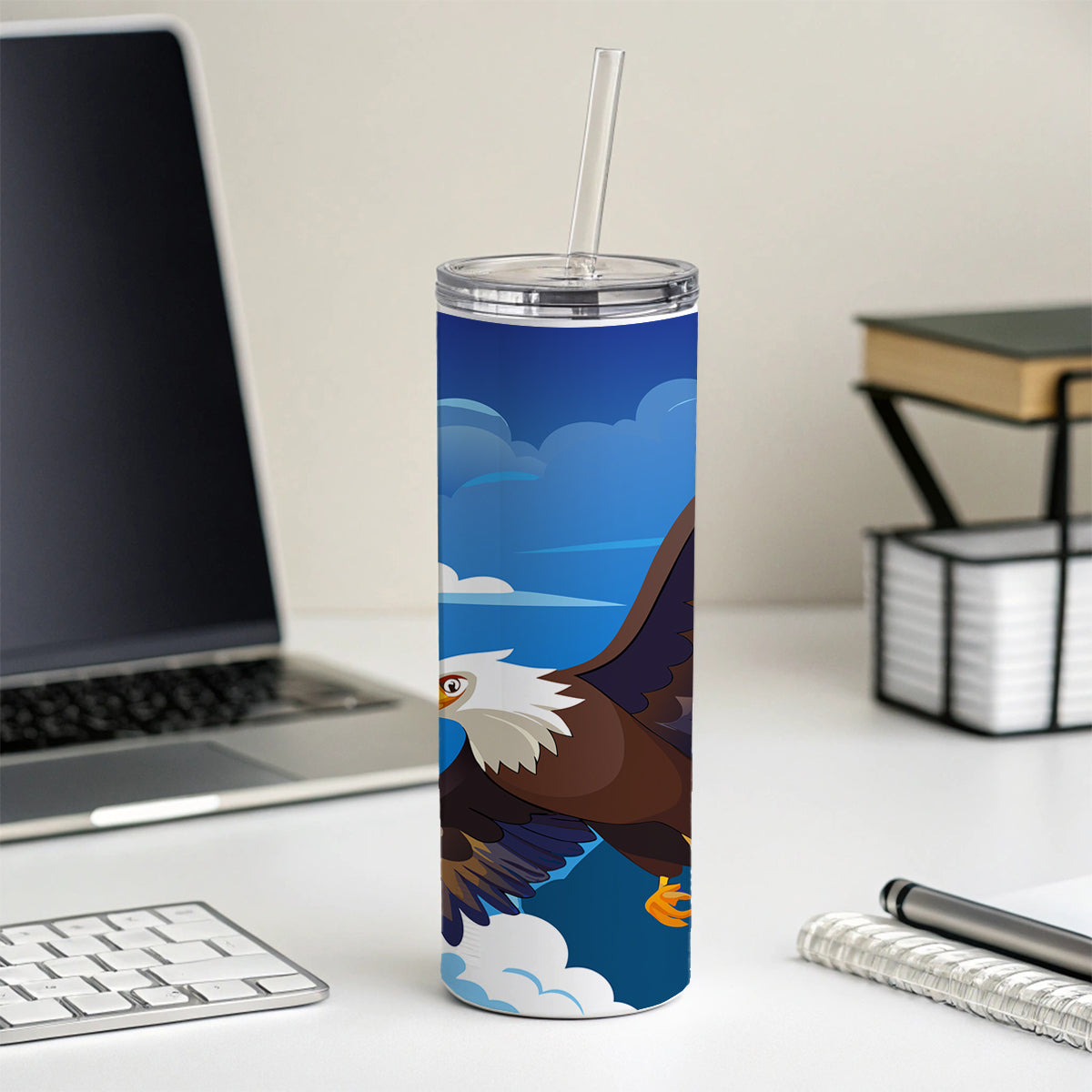 Bald Eagle Flying Skinny Tumbler 20oz with Straw Insulated Water Bottle Gift